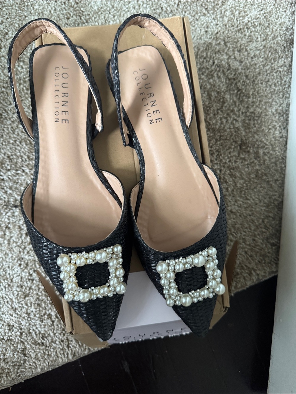 Journee Collection Black Pearl-Buckle Slingback Pointed Flats - Picture 5 of 5